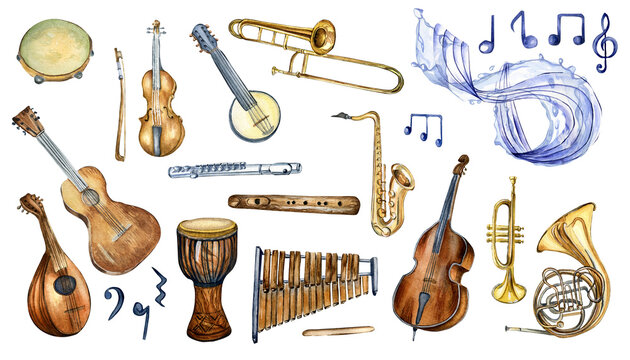 Set of wind musical instruments watercolor illustration isolated on white background. Hand drawn xylophone, flute, treble clef. Elements for a music project. Painted french horn, drums, tuba, notes