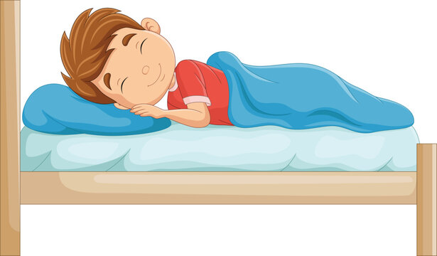 Cartoon little boy sleeping in the bed