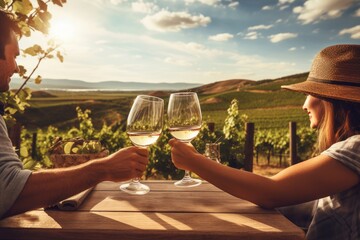 Lamas personalizadas para cocina con tu foto Photo of a couple clinking wine glasses in a scenic vineyard. Generative AI