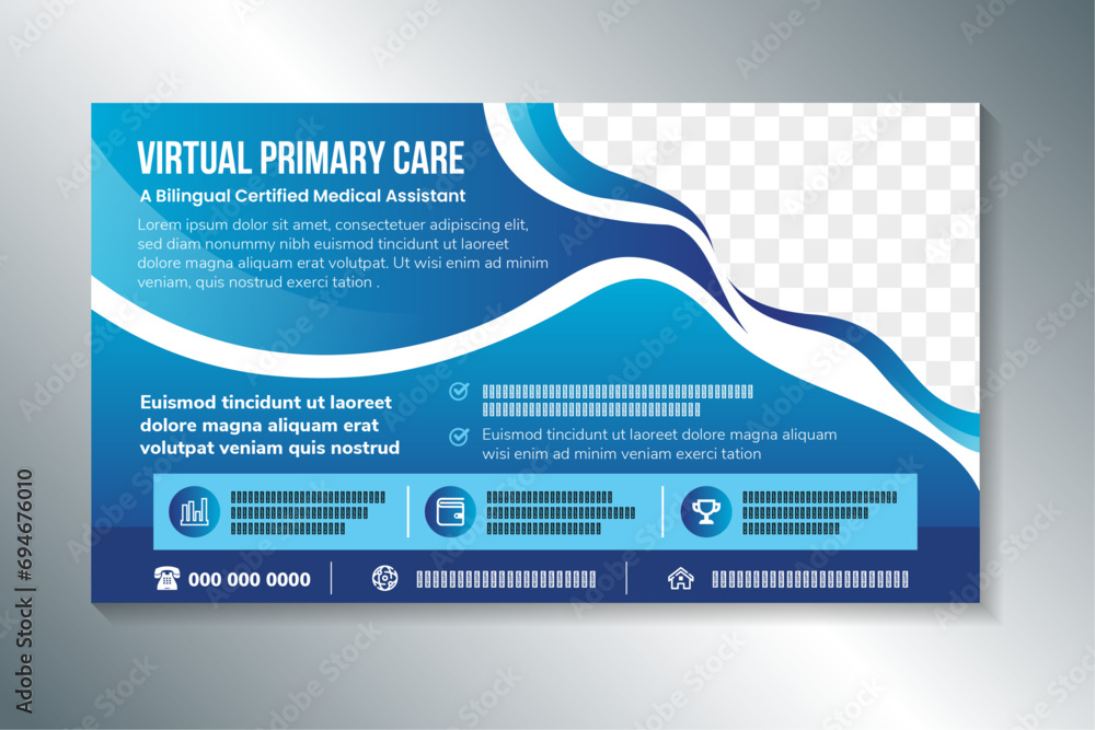Poster virtual primary care poster design template in horizontal layout. blue gradient background with whit