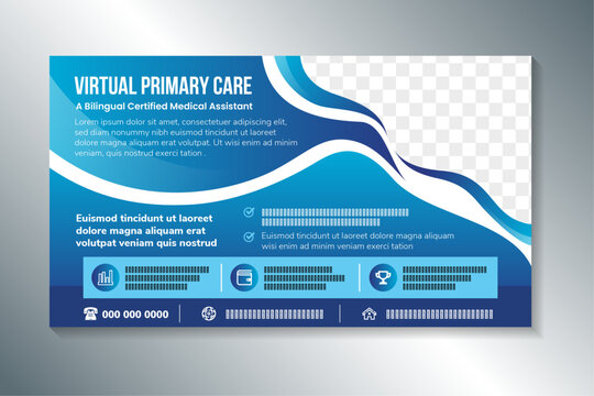virtual primary care poster design template in horizontal layout. blue gradient background with white wave element and space for photo collage.