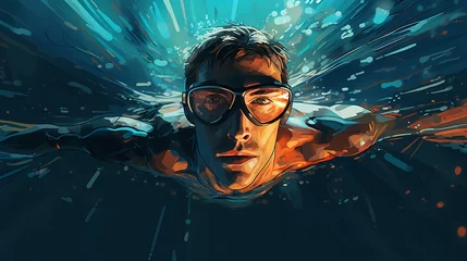 Fotobehang Handsome man swimming and wearing swimming goggles underwater with water splashing background, illustration painting style, summer vacation, scuba diving © Mix