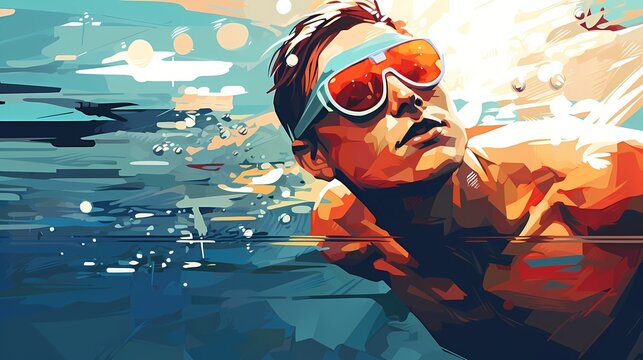 Handsome man swimming wears glasses with water background, illustration painting style, summer vacation