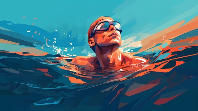 Man swimming and looking at the sky with water splashing sunlight background, illustration painting style, summer vacation
