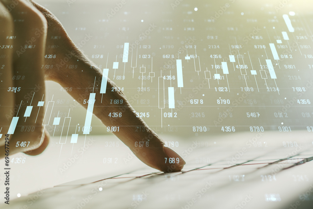 Poster multi exposure of stats data illustration with hands typing on computer keyboard on background, comp