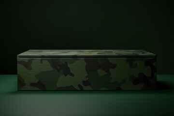 A camouflage-patterned empty magnetic cardboard box with copy space on blank labels for customization