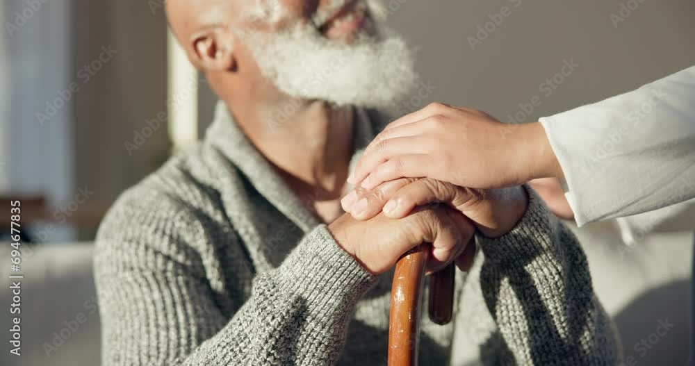 Wall mural Support, walking stick and hands of senior man with a cane for help, trust and old age caregiver care for patient. Healthcare, empathy and elderly person in a nursing home for medical health comfort