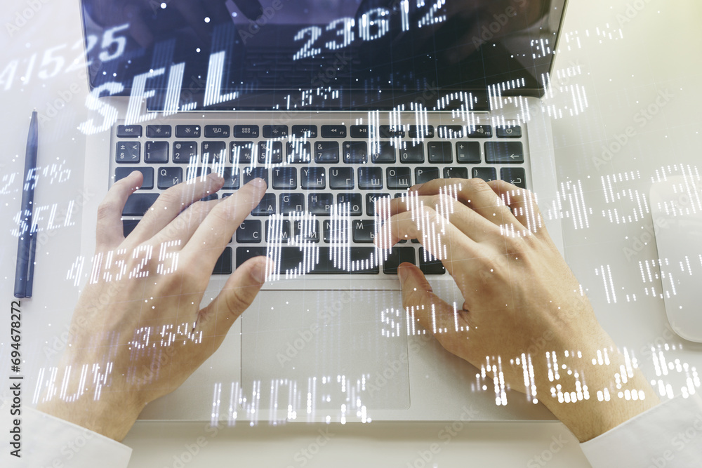 Poster double exposure of abstract creative financial chart with hand typing on computer keyboard on backgr