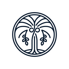 Elegant Palm or Olive Tree Monoline Logo in Circle Badge, Minimalist Vector Icon for Nature and Luxury Brand