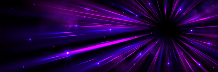 Fototapeta na wymiar Fast light motion speed effect. Vector realistic illustration of abstract neon pink, purple rays, circular centric motion on black background, space travel route perspective, explosion energy warp