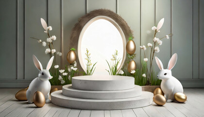 Easter background with round podium and easter ornaments