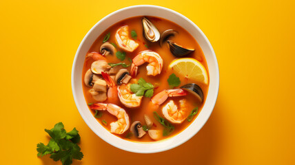 Tom Yam kung Spicy Thai soup with shrimp, seafood, coconut milk and chili pepper - obrazy, fototapety, plakaty