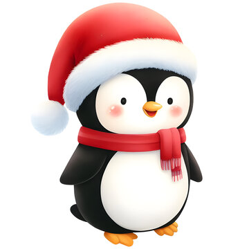 penguin with Christmas hat and red scraf