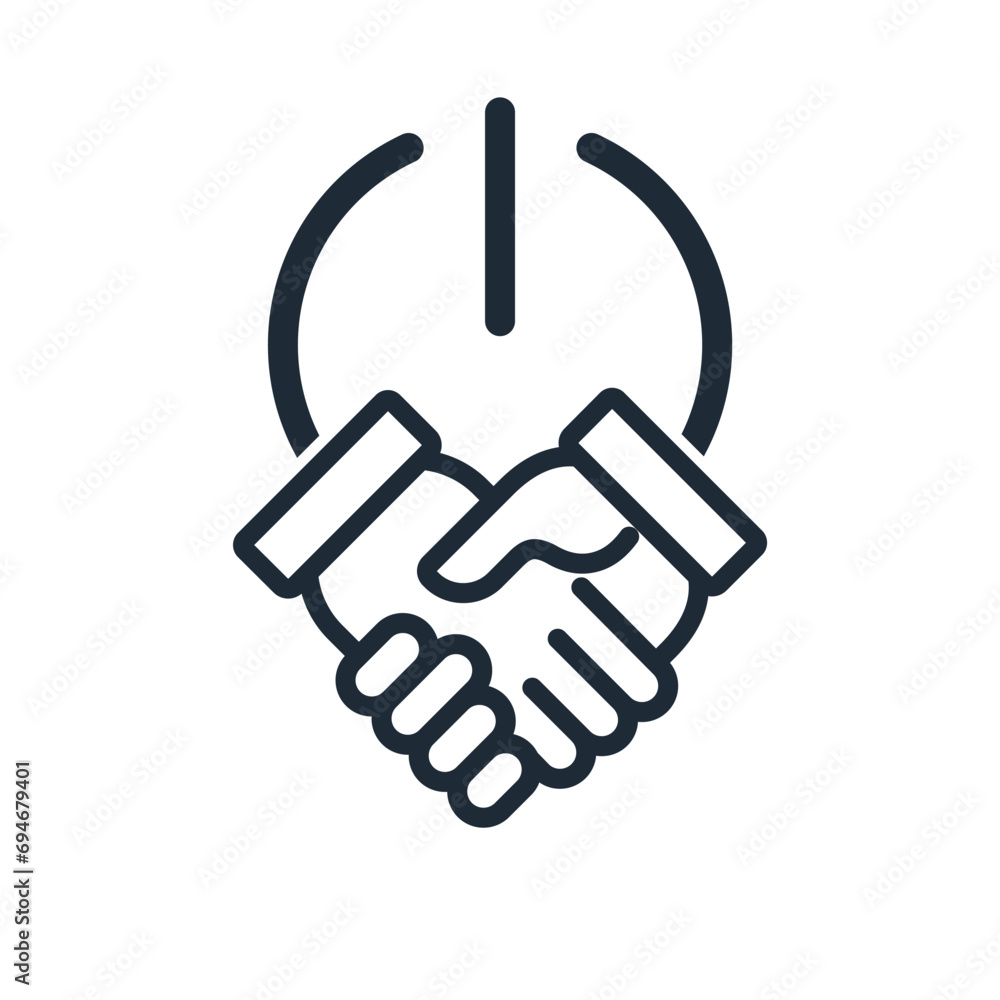 Poster handshake with power button.start collaborating. vector linear icon illustration isolated on white b