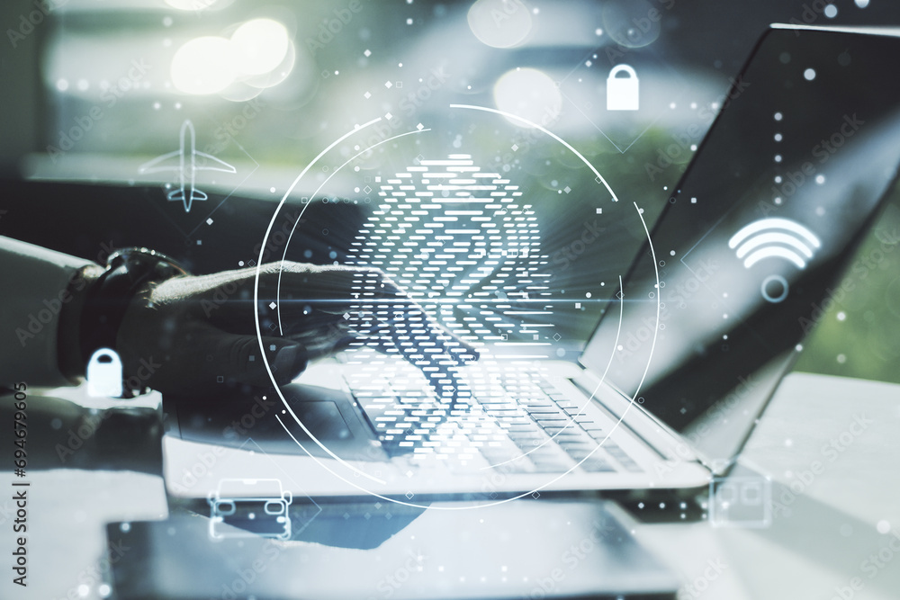 Poster multi exposure of creative fingerprint hologram with hands typing on computer keyboard on background