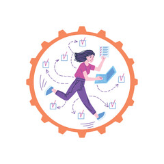 Woman runs in a wheel, productivity design concept, cartoon vector on white