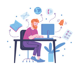 Busy multitasking man working at the desk home, cartoon vector on white