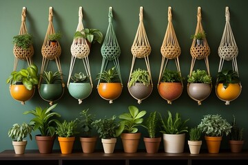 Elevate interiors with creative shots of plants in decorative Macrame hangers, infusing bohemian vibes into living spaces with organic elegance