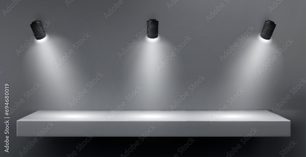 Poster wall with shelf and spot light lamp for product display. realistic vector illustration of empty plat
