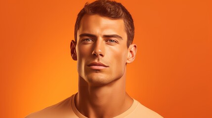 Obraz premium Portrait of a handsome elegant sexy Caucasian man with perfect skin, on an orange background, banner.