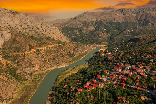 Valley view of Kemaliye town. View of the old Kemaliye houses and the Euphrates River. Erzincan