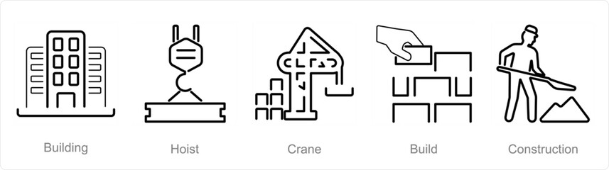 A set of 5 Build icons as building, hoist, crane