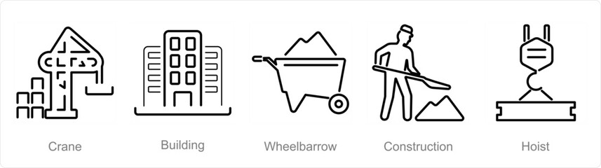 A set of 5 Build icons as crane, building, wheelbarrow - obrazy, fototapety, plakaty