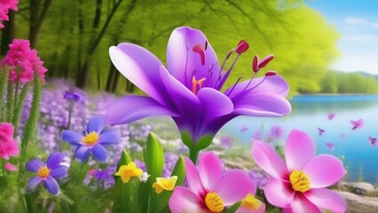spring vibrant nature with flowers and insect photo realistic wallpaper