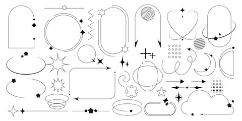 Y2k line frame and border for 2000s design. Simple outline vector illustration collection of aesthetic minimal graphic box of geometric oval, circle and arch forms with star, sparkle and flower shapes