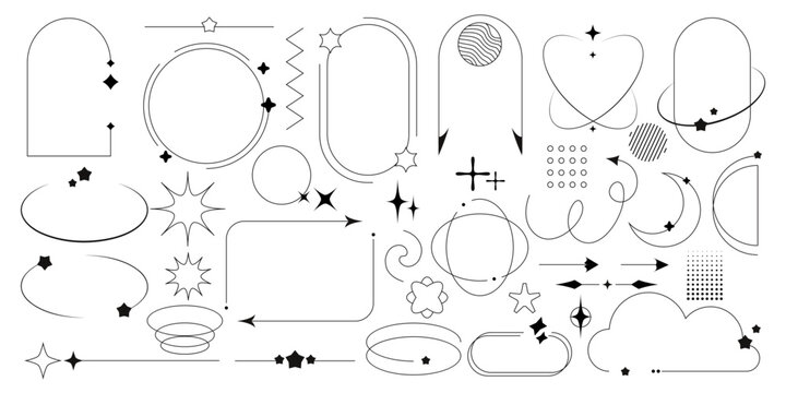 Y2k line frame and border for 2000s design. Simple outline vector illustration collection of aesthetic minimal graphic box of geometric oval, circle and arch forms with star, sparkle and flower shapes