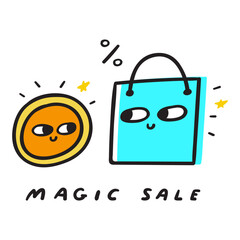 Magic sale. Shopping bag and coin. Cute characters. Vector flat illustration. Marketing.