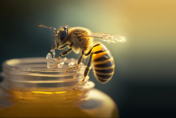 closeup of an honey bee on a honey jar 