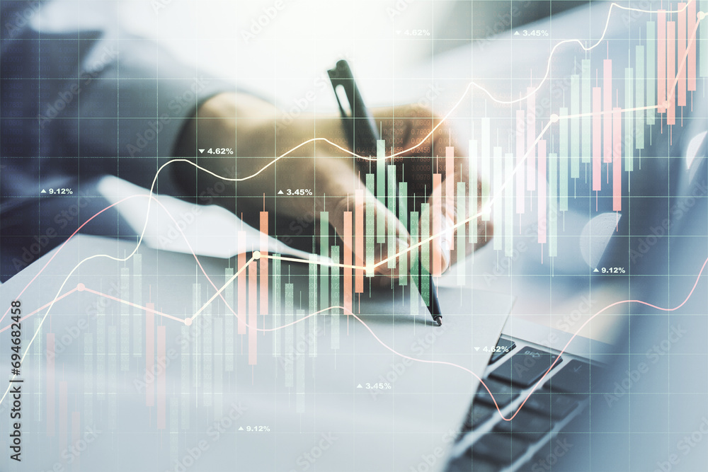 Poster multi exposure of abstract financial diagram with hand writing in notepad on background, banking and