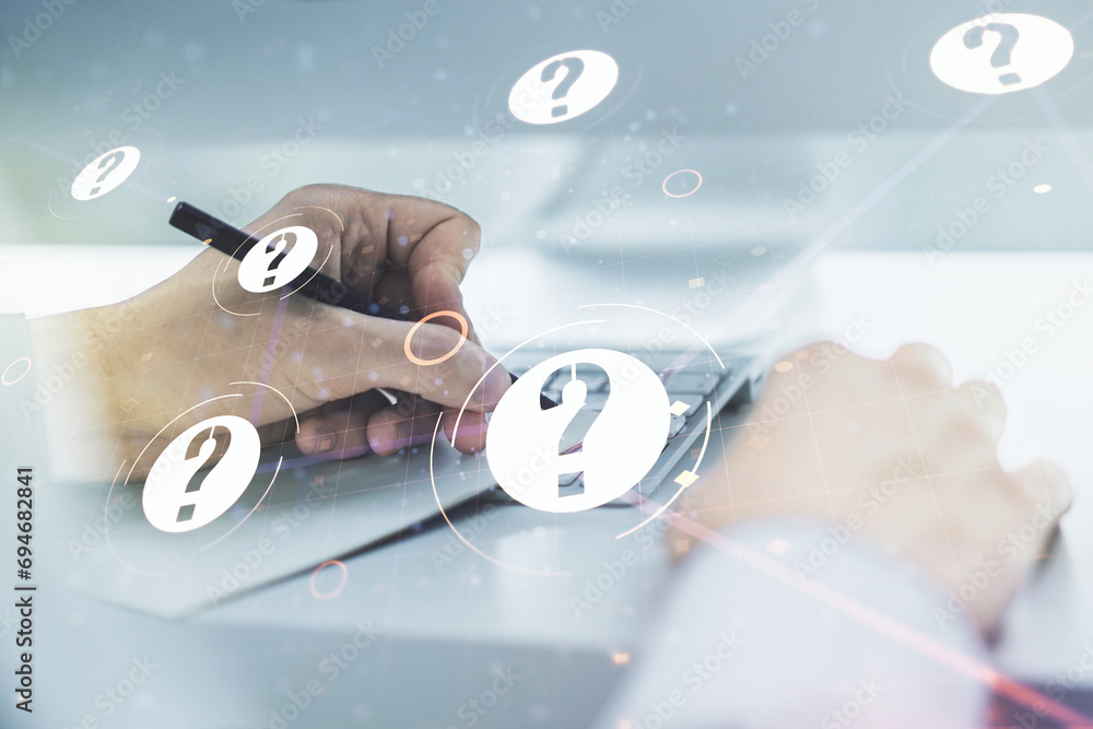 Aufkleber creative concept of question mark illustration and hand writing in notebook on background with lapto