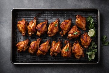 Grilled chicken wings with lime and parsley on a black background