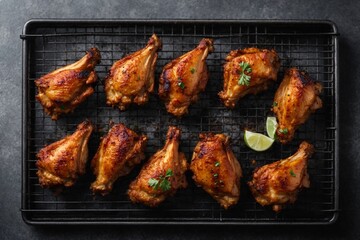 Grilled chicken wings with lime and parsley on a black background