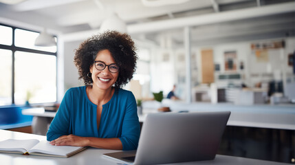 Creative Designer Woman Wearing Glasses Working in a Modern Office Smiling at the Camera