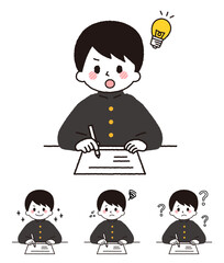 勉強をしている男子学生。さまざまな表情。