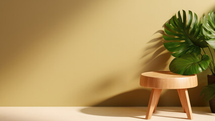 Wide, elegant, green wooden chair, metal frame and a monstera deliciosa plant in an empty, modern interior with a beige wall background