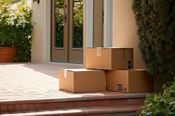 Delivery process. Stack of neatly arranged brown cardboard boxes sits on doorstep of home awaiting recipient. Boxes symbolize convenience of online shopping and reliability of delivery services