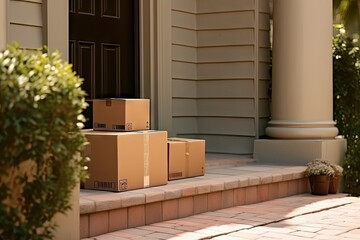 Delivery process. Stack of neatly arranged brown cardboard boxes sits on doorstep of home awaiting recipient. Boxes symbolize convenience of online shopping and reliability of delivery services