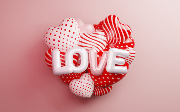 Valentine's day banner with 3D hearts balloon and love lettering taxt.