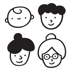 Family. Faces of smiling people. Kid, Mum, Grandmother, Father, Son. Outline vector isolated icons
