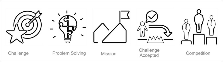 A set of 5 Challenge icons as challenge, problem solving, mission