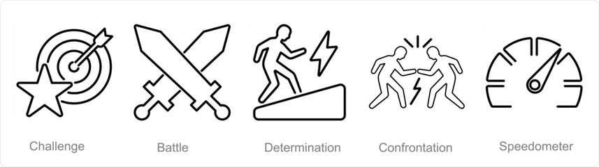 A set of 5 Challenge icons as challenge, battle, determination