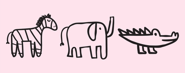 African animals. Zebra, elephant, crocodile. Outline isolated vector illustrations on pink background. Children art.