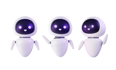 Set of Ai chatbot 3D render. Neural cute mascot in various pose, robot waving hand. Smart robotic character. Isolated vector illustration. Help assistance, artificial intelligence support device.