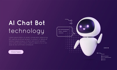 3D artificial intelligence chat bot. Banner concept with neural network robot, AI servers technology. Online communication, support assistance, cartoon digital agent. Vector illustration.