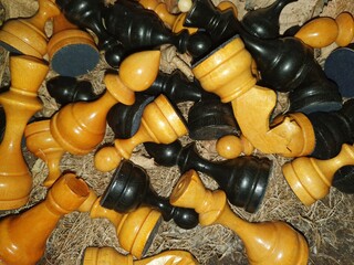 Chess is scattered on dry grass. Wooden chess close-up.