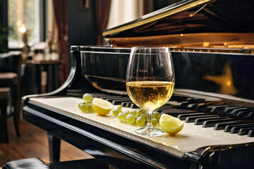 A Glass of Wine Sitting on Top of a Piano